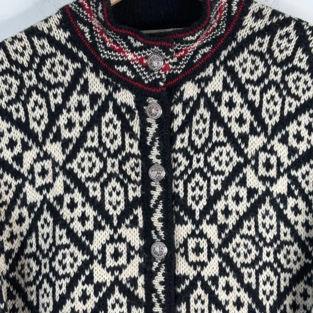 VTG LL Bean Wool Fair Isle Cardigan S Nordic Black Cream Red Cottage Made in USA